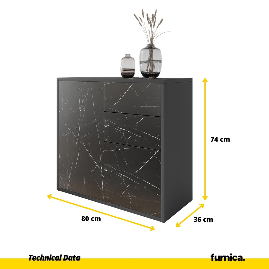 CAMILLE - Skříň s dvěma dveřmi a dvěma šuplíky s funkcí push to open - antracit / černý mramor H74cm W80cm D36cm
