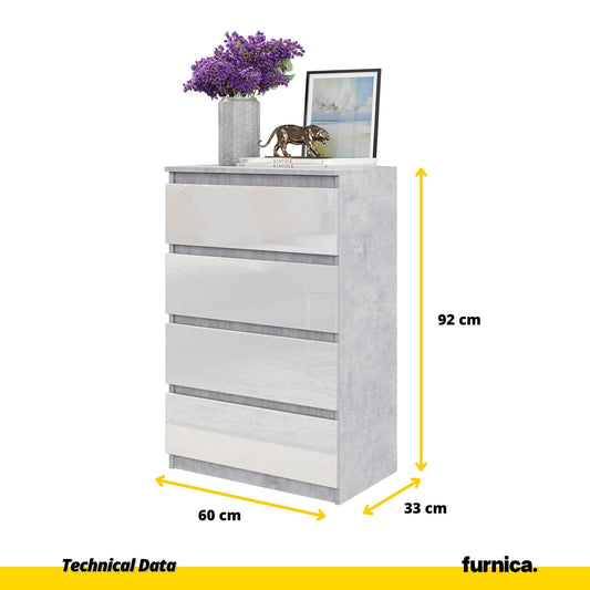 GABRIEL - Komoda se 4 zásuvkami - Skříň na oblečení do ložnice - Beton / Bílý lesk H92cm Š60cm D33cm