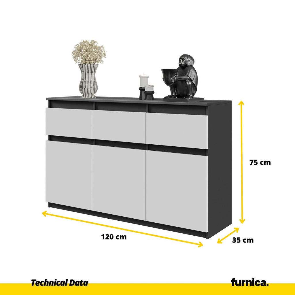 NOAH - Komoda se 3 šuplíky a 3 dveřmi - Skříň na uložení oblečení do ložnice - Anthracit / Matně bílá - Výška 75 cm, šířka 120 cm, hloubka 35 cm.
