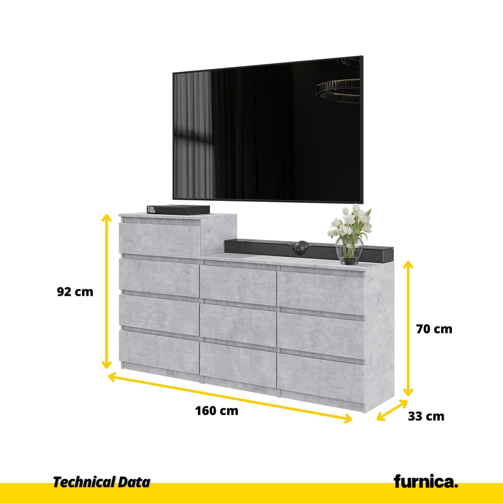 GABRIEL - Komoda se 10 šuplíky (6+4) - Skříň na oblečení do ložnice - Betonová - Výška 92/70 cm, šířka 160 cm, hloubka 33 cm.