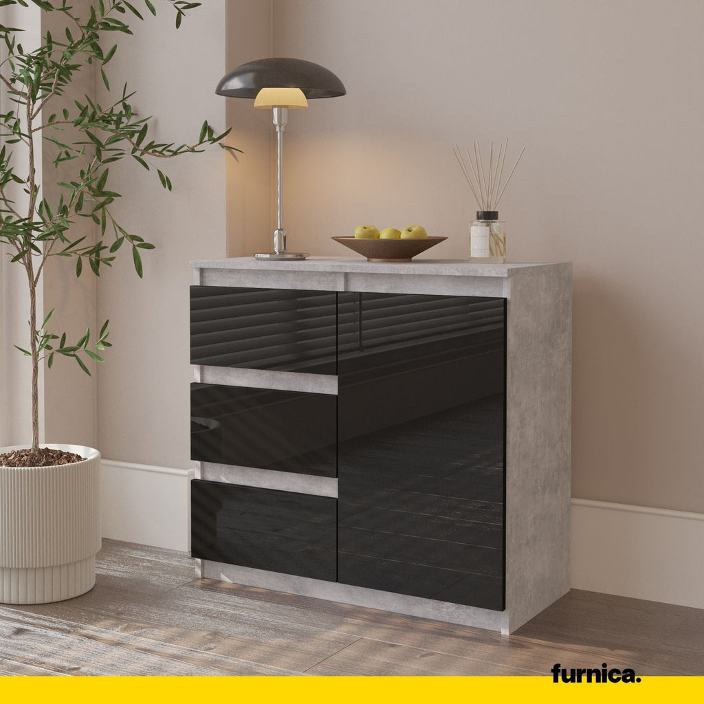 MIKEL - Komoda se 3 šuplíky a 1 dveřmi - Skříň na oblečení do ložnice - Beton / Černý lesk - Výška 75 cm, šířka 80 cm, hloubka 35 cm.