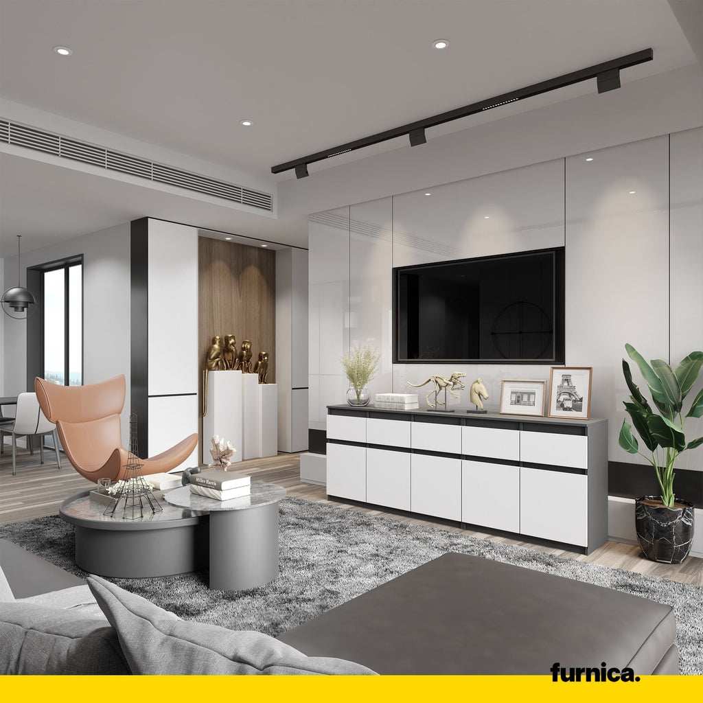 NOAH - Komoda se 5 šuplíky a 5 dveřmi - Skříň na uložení oblečení do ložnice - Anthracit / Matně bílá - V: 75 cm, Š: 200 cm, H: 35 cm