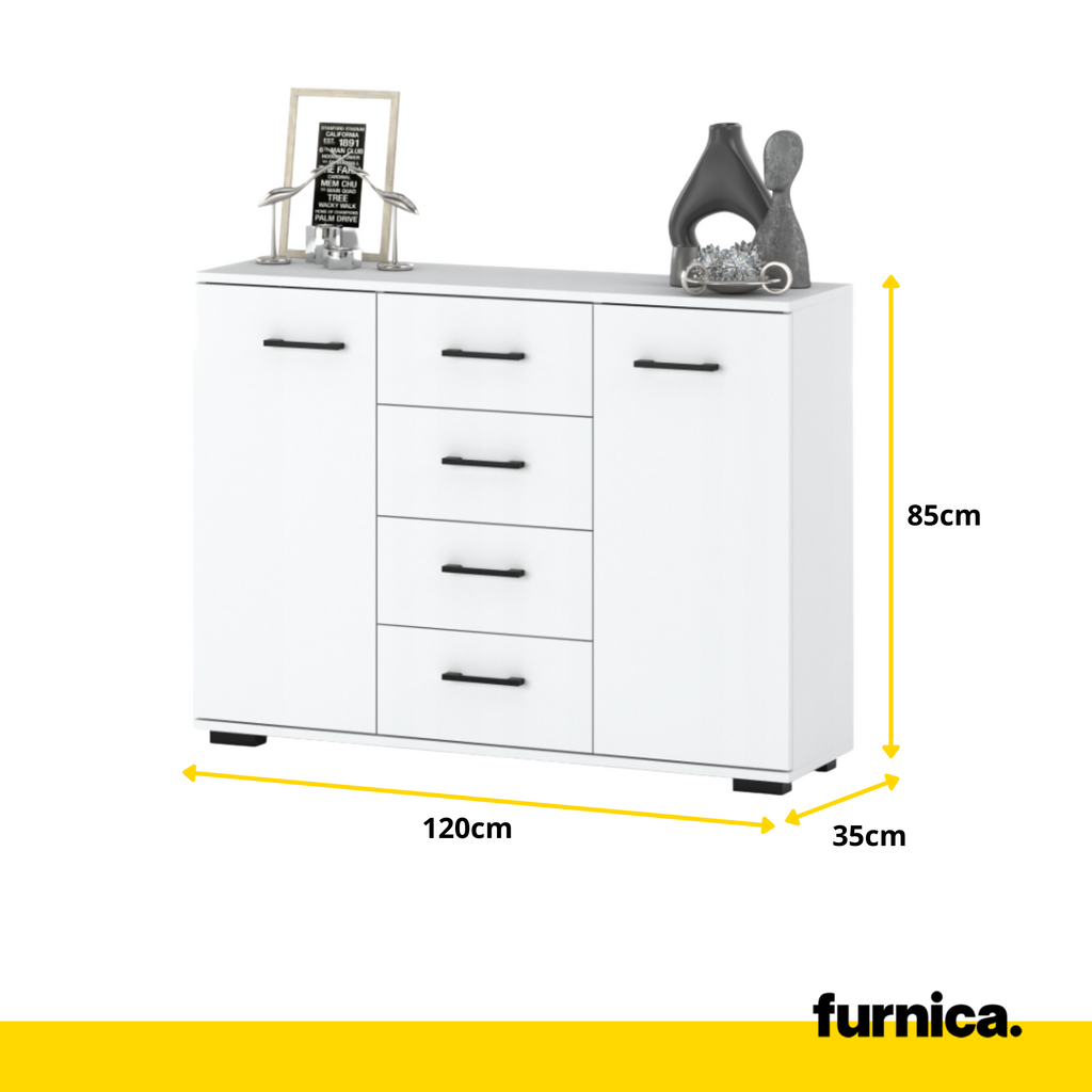 MARK - Komoda se 4 šuplíky a 2 dveřmi - Skříň na oblečení do ložnice - Bílá matná - Výška 85 cm, šířka 120 cm, hloubka 35 cm.