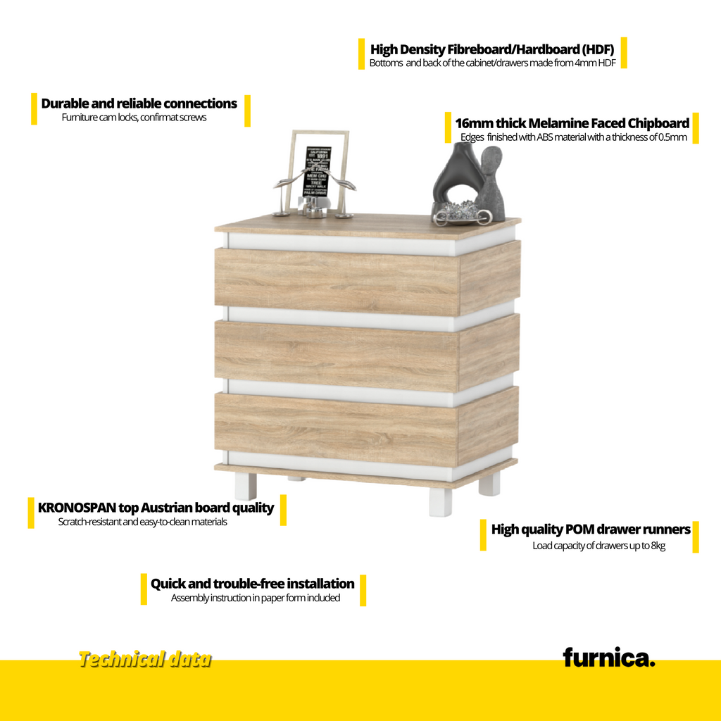 MARGARET - Komoda se 3 zásuvkami - Skříň na oblečení do ložnice - Bílý mat / Sonoma dub - V: 86 cm, Š: 83 cm, H: 44 cm