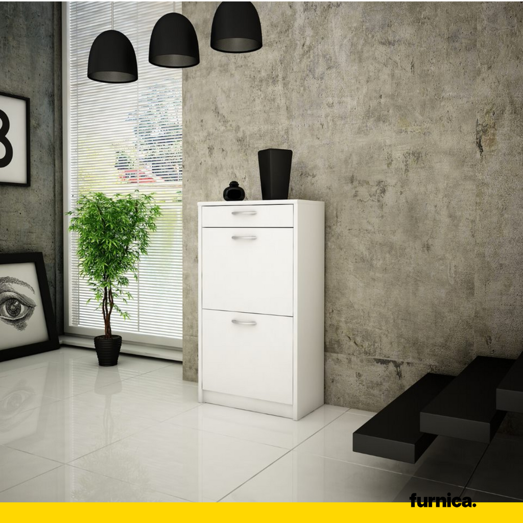 JULIA - Botník na boty s 1 šuplíkem a 2 úložnými prostory - bílý matný povrch H92cm Š50cm H28cm