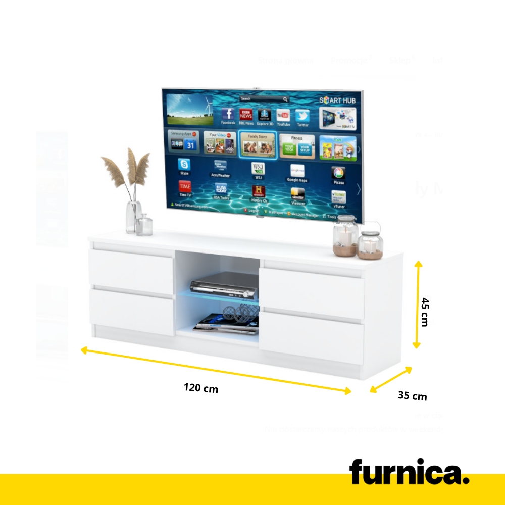 MARCO - TV stolík s 4 zásuvkami a 1 skleněnou poličkou - V45cm Š120cm H35cm - Bílý matný