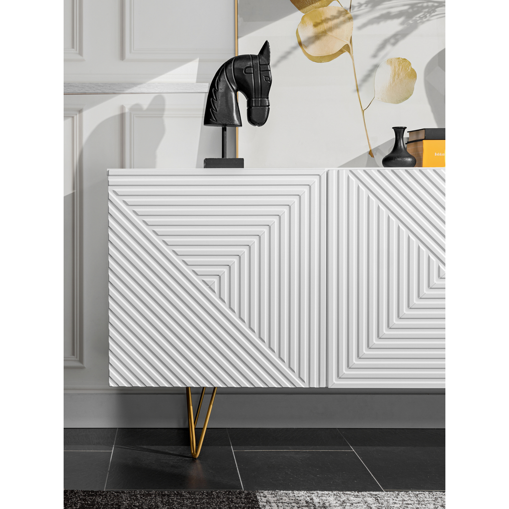 PYRAMIDA - Kredenc s předními/dveřními panely z 3D frézovaného MDF - Matně bílá