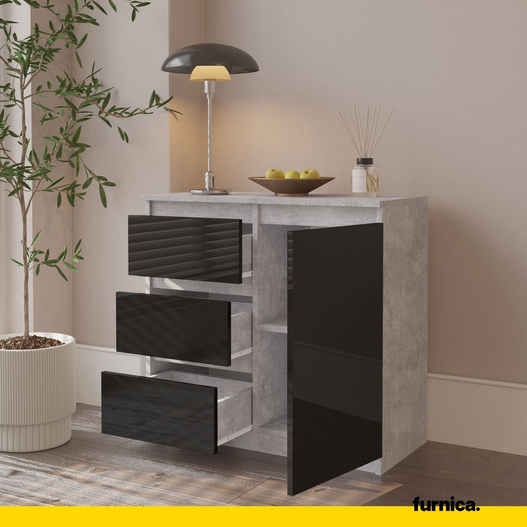 MIKEL - Komoda se 3 šuplíky a 1 dveřmi - Skříň na oblečení do ložnice - Beton / Černý lesk - Výška 75 cm, šířka 80 cm, hloubka 35 cm.