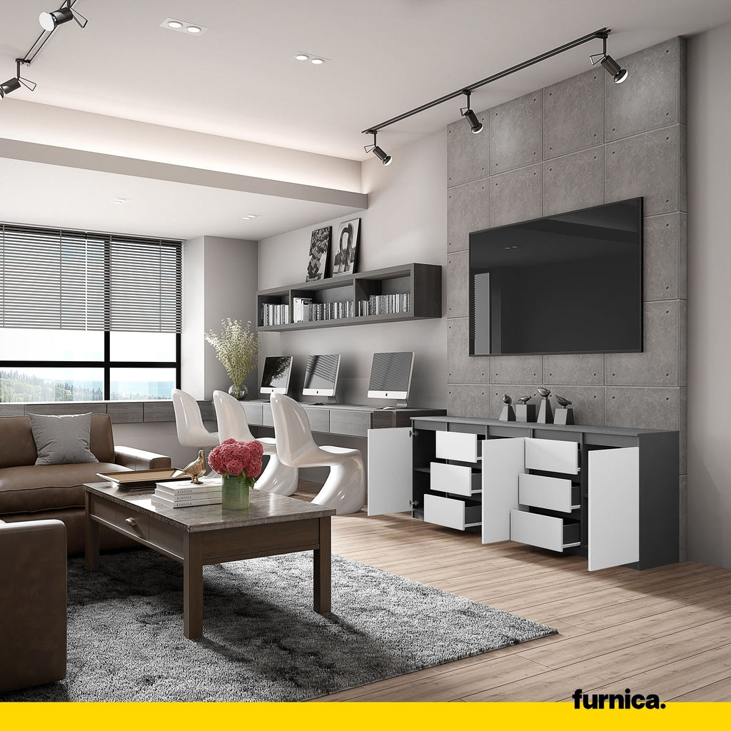 MIKEL - Komoda se 6 šuplíky a 3 dveřmi - Skříň na oblečení do ložnice - Anthracit / Matně bílá - Výška 75 cm, šířka 200 cm, hloubka 35 cm.