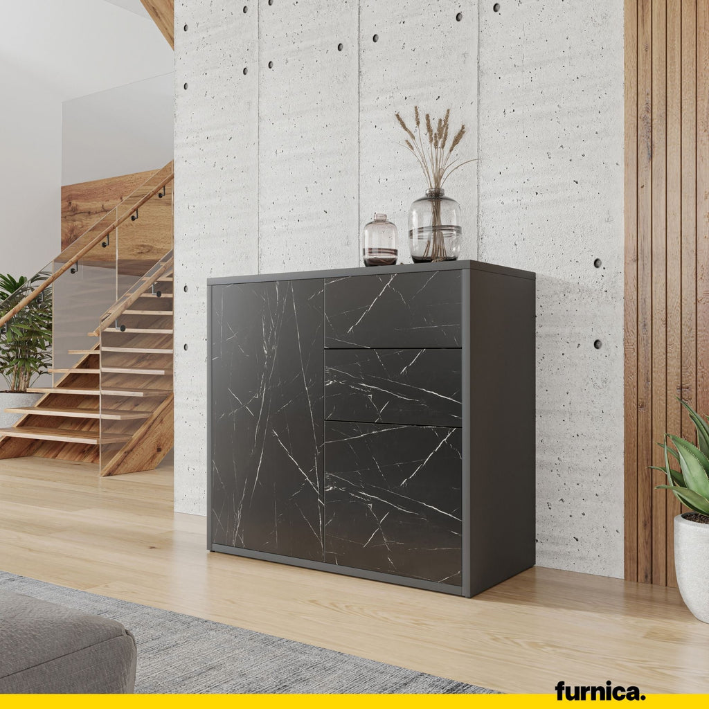 CAMILLE - Skříň s dvěma dveřmi a dvěma šuplíky s funkcí push to open - antracit / černý mramor H74cm W80cm D36cm