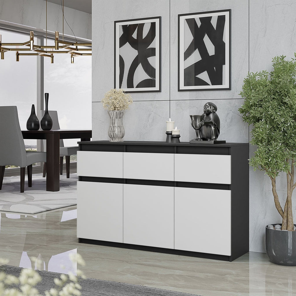 NOAH - Komoda se 3 šuplíky a 3 dveřmi - Skříň na uložení oblečení do ložnice - Anthracit / Matně bílá - Výška 75 cm, šířka 120 cm, hloubka 35 cm.