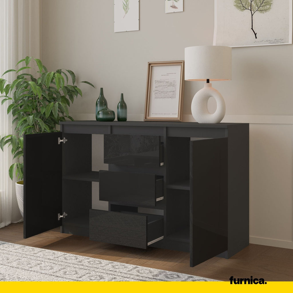 MIKEL - Komoda se 3 šuplíky a 2 dveřmi - Skříň na oblečení do ložnice - Anthracit / Černý lesk - Výška 75 cm, šířka 120 cm, hloubka 35 cm.