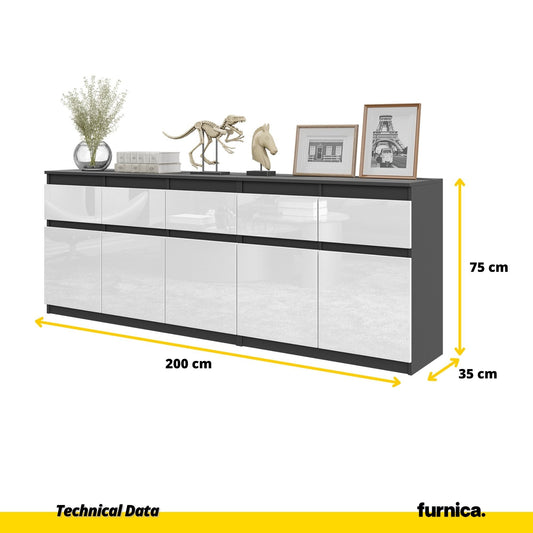 NOAH - Komoda se 5 šuplíky a 5 dveřmi - Skříň na uložení oblečení do ložnice - Anthracit / Bílý lesk H75cm W200cm D35cm