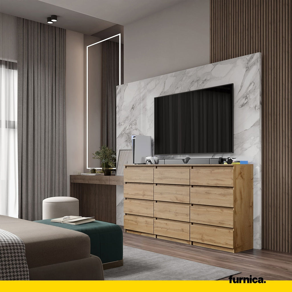 GABRIEL - Komoda se 12 šuplíky (8+4) - Skříň na oblečení do ložnice - úložný prostor - příborník - Wotan dub - V92cm x Š180cm x H33cm