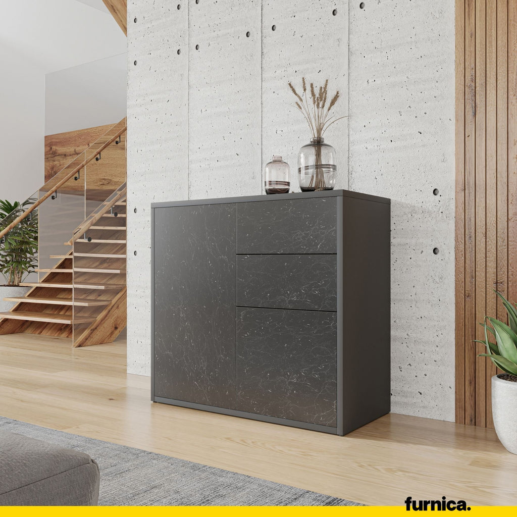 CAMILLE - Skříň s dvěma dveřmi a dvěma šuplíky s funkcí push to open - antracit / černý mramor Roma H74cm W80cm D36cm
