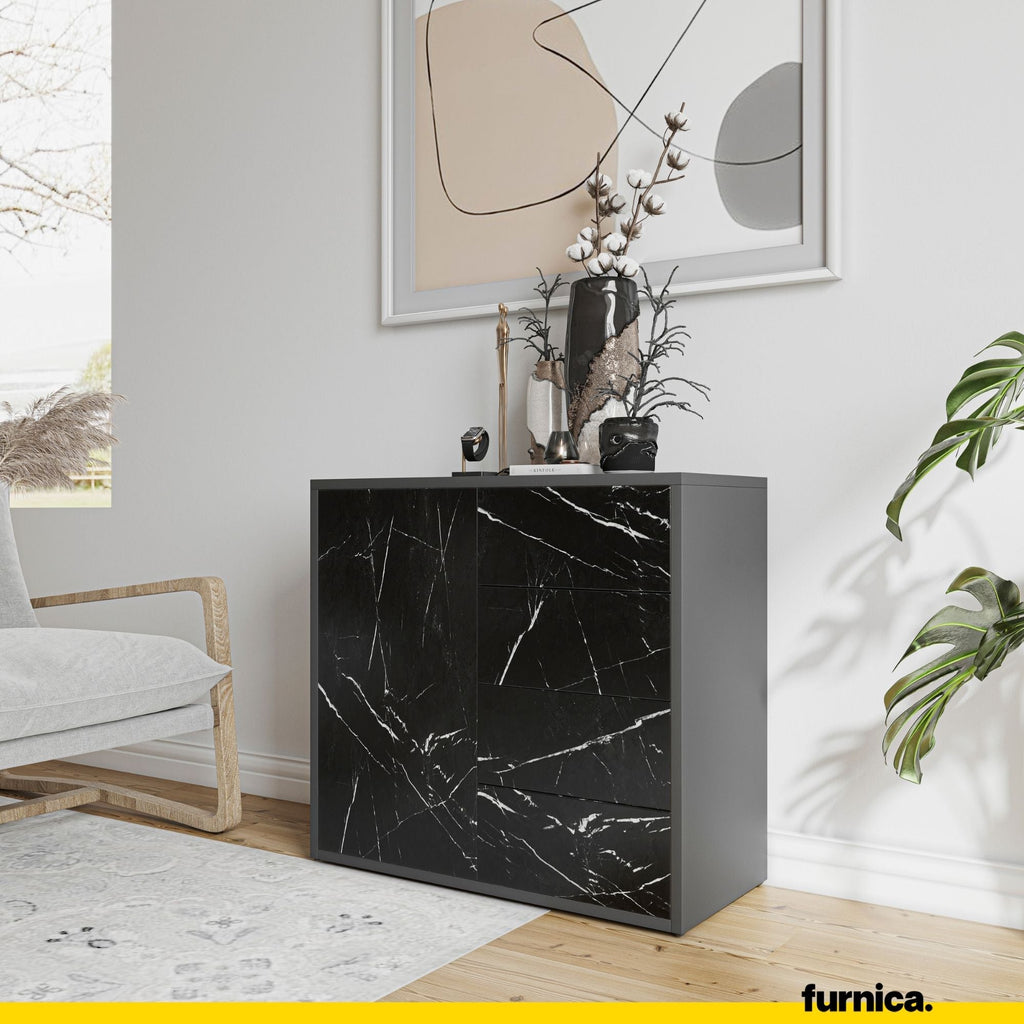 CAMILLE - Skříň s dvířky a 4 zásuvkami s funkcí push to open - antracit / černý mramor H74cm Š80cm D36cm