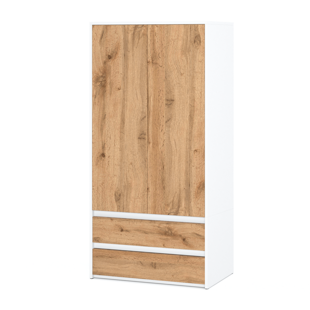 JOELLE - Skříň se 2 dveřmi a 2 zásuvkami - bílý mat / Wotan dub H180cm W90cm D50cm