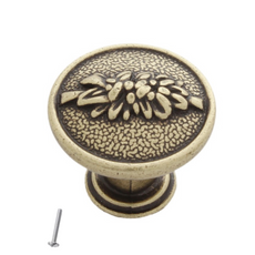 Vintage klika na skříň - Ø27mm - větvičkový vzor - starožitná mosaz