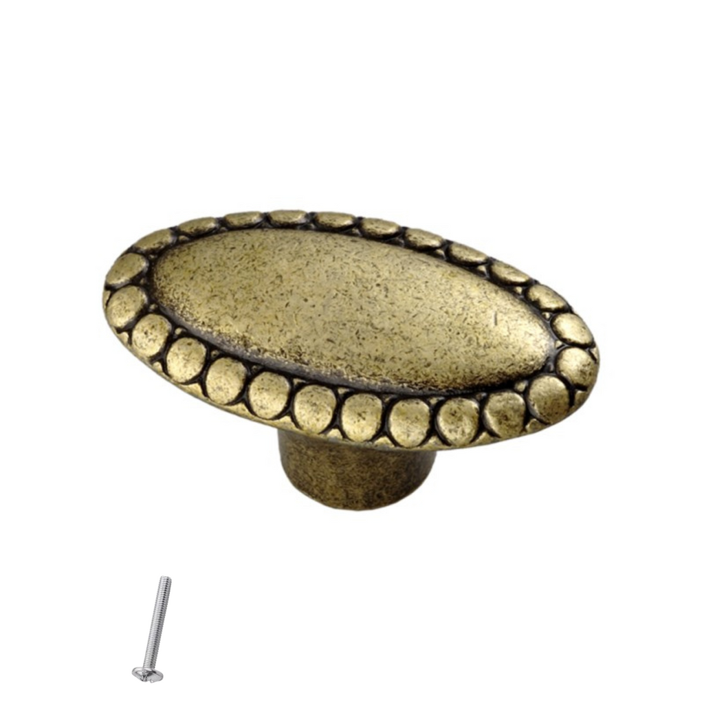 Starý kovový knoflík na skříň - oválný tvar - 21,5 mm - starožitná mosaz