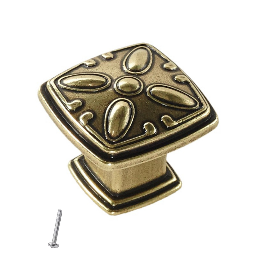 Starý kovový knoflík na skříň - květinový vzor - 31mm x 31mm - starožitná mosaz