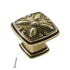 Starý kovový knoflík na skříň - květinový vzor - 31mm x 31mm - starožitná mosaz