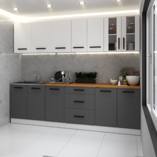 RENO - Kuchyňská sestava - antracit / bílá matná s pracovní deskou - 8 jednotek - 260 cm