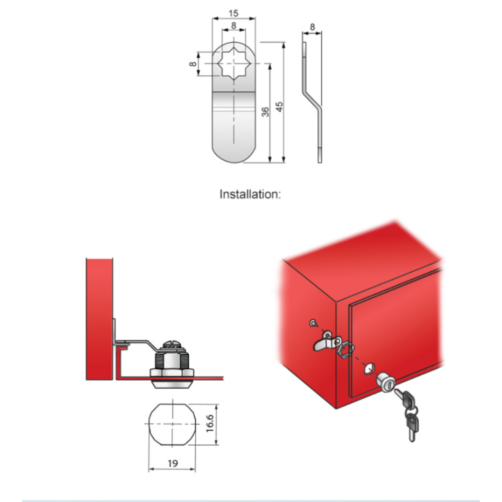 Zámek na skříň s ohnutou zámkovou deskou 19x16mm, chromovaný.