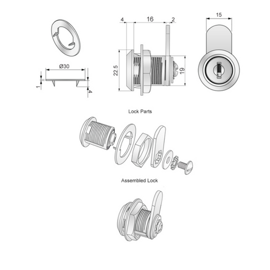 Zámek na skříň s rovnou kličkou 19x16mm, chromovaný. (2) – Furnica