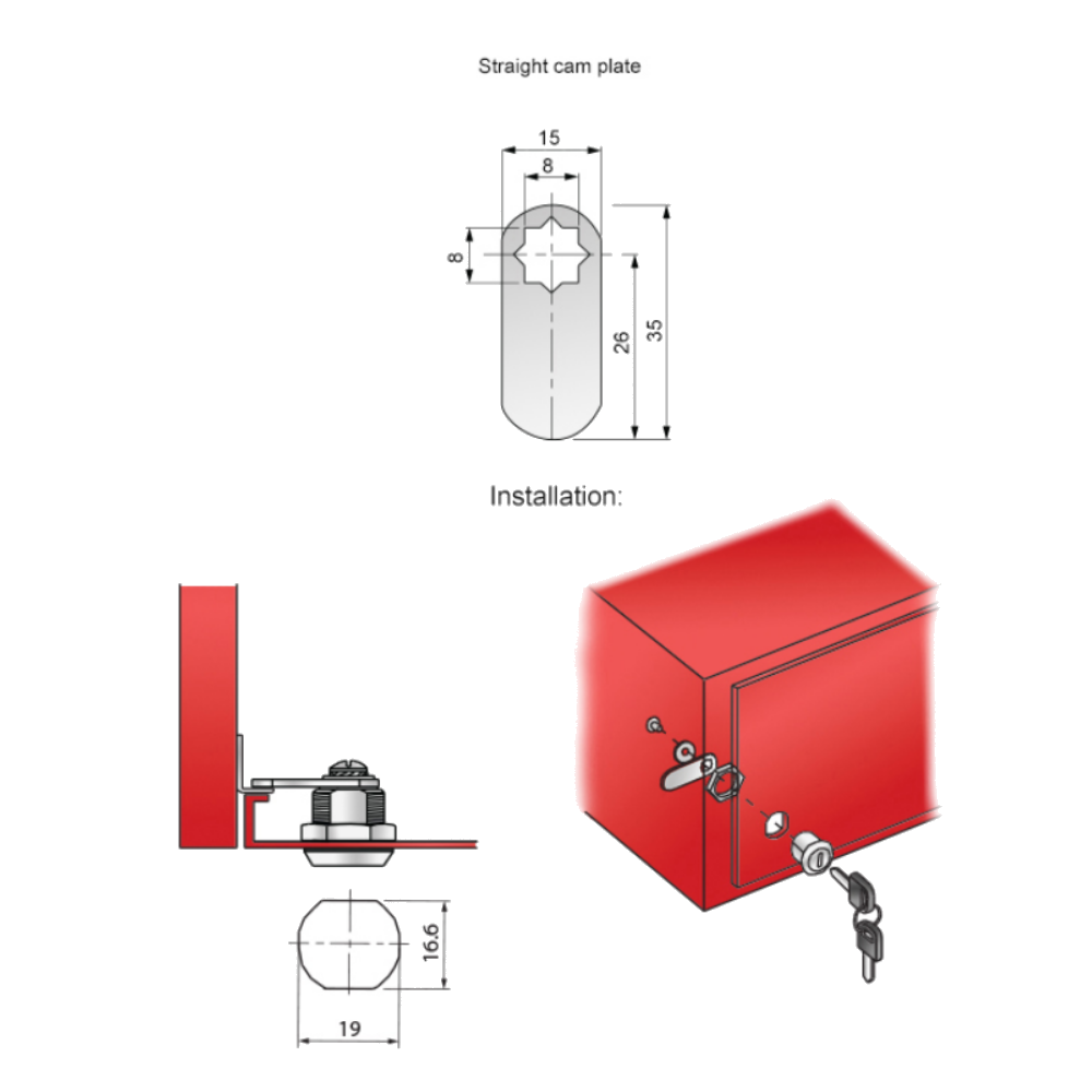 Zámek na skříň s rovnou kličkou 19x16mm, chromovaný.