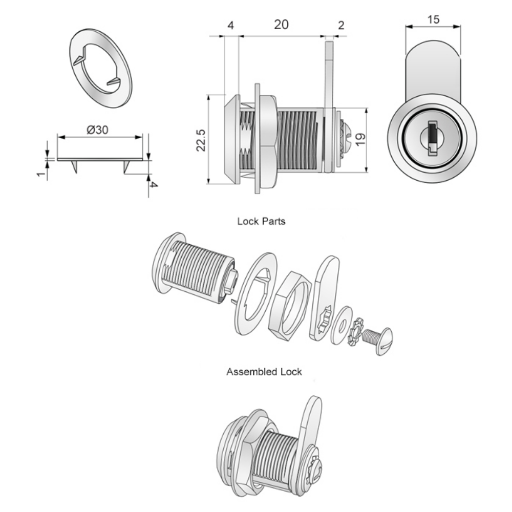 Zámek na skříň s rovnou kličkou 19x20mm, chromovaný