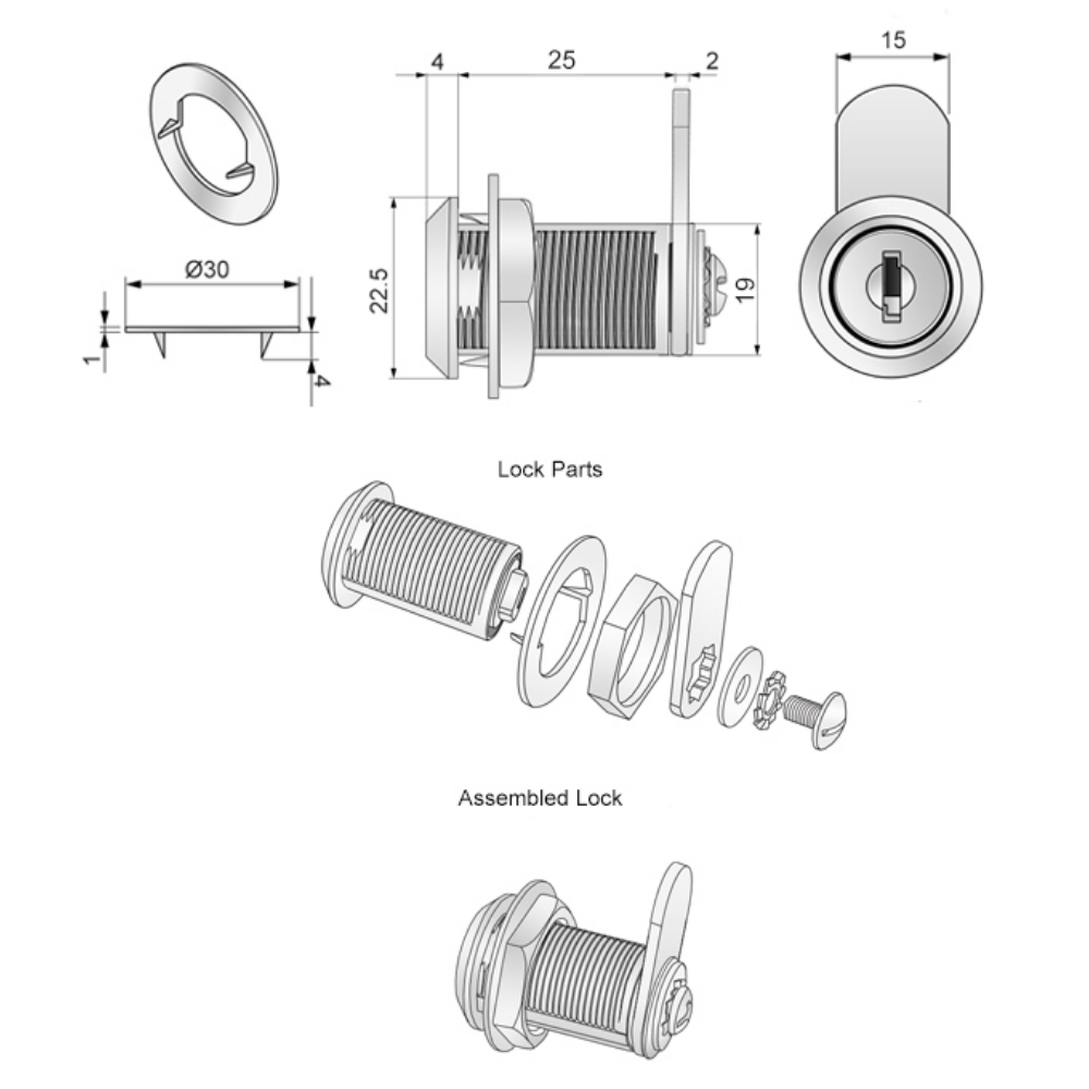 Zámek na skříň s rovnou kličkou 19x25mm, chromovaný.