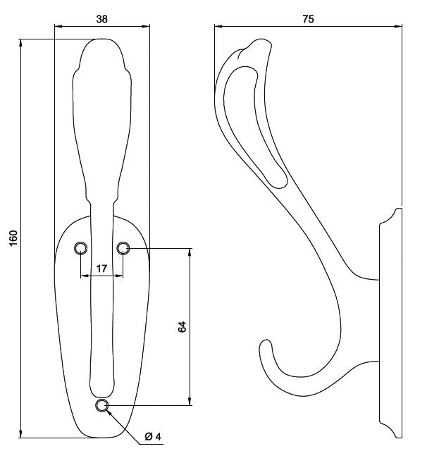 Dvojitý háček na klobouky a kabáty - 160 mm - stříbrný