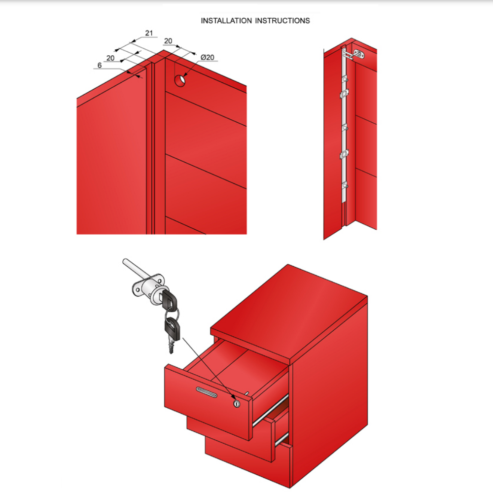 Centrální zámek pro 4 šuplíky o rozměrech 19x20 mm, 800 mm páska, chromovaný.