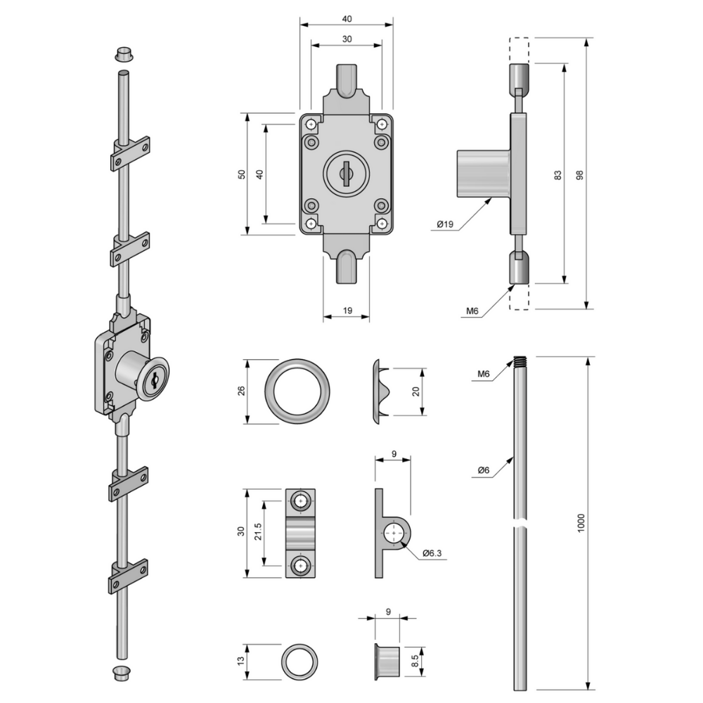 Prodlužovací zámek na tyč 19x22mm, 2 tyče L-1000mm, chromované.