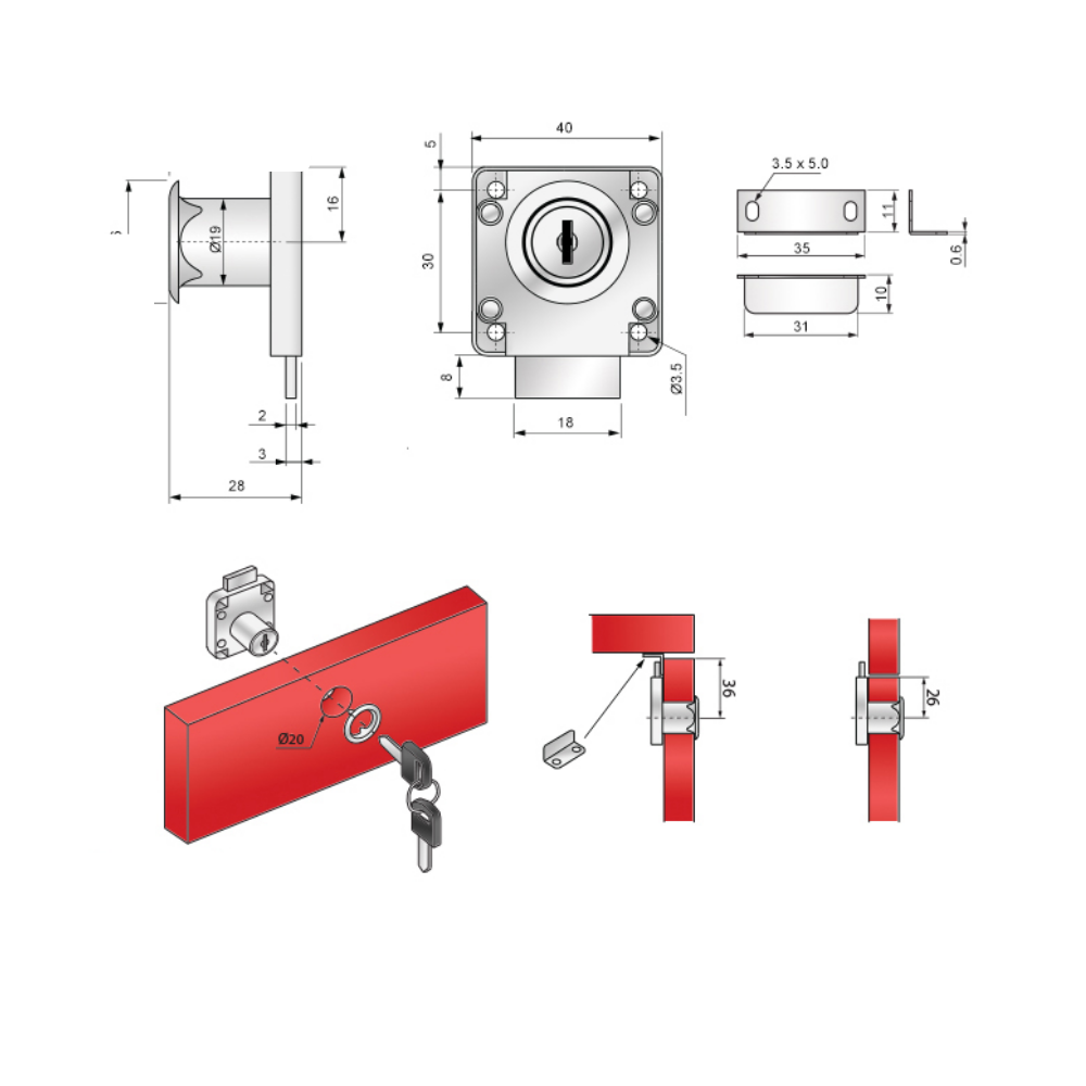 Zámek na nábytek 19x22mm, verze s identickým klíčem, niklový.