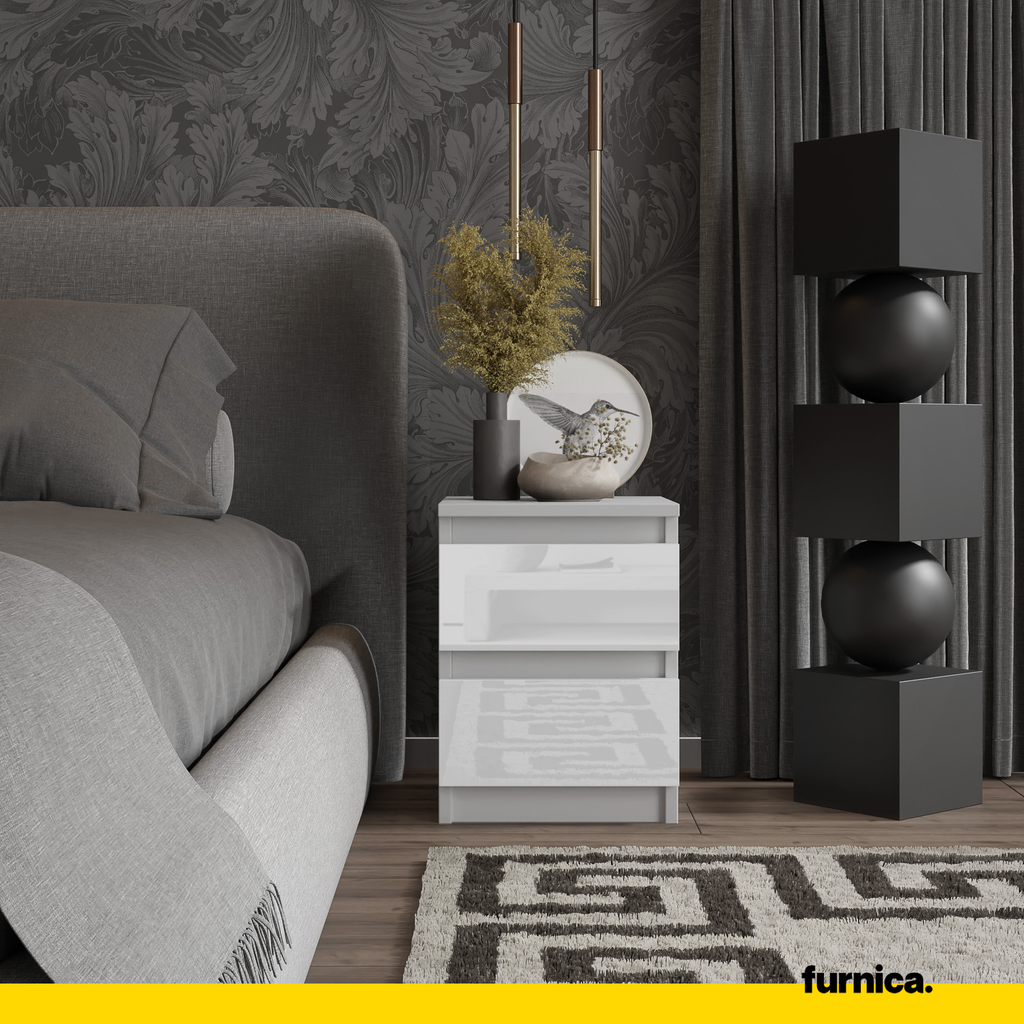 GABRIEL - Noční stolek - Stolík vedle postele s 2 zásuvkami - Bílý mat / Bílý lesk H40cm Š30cm D30cm