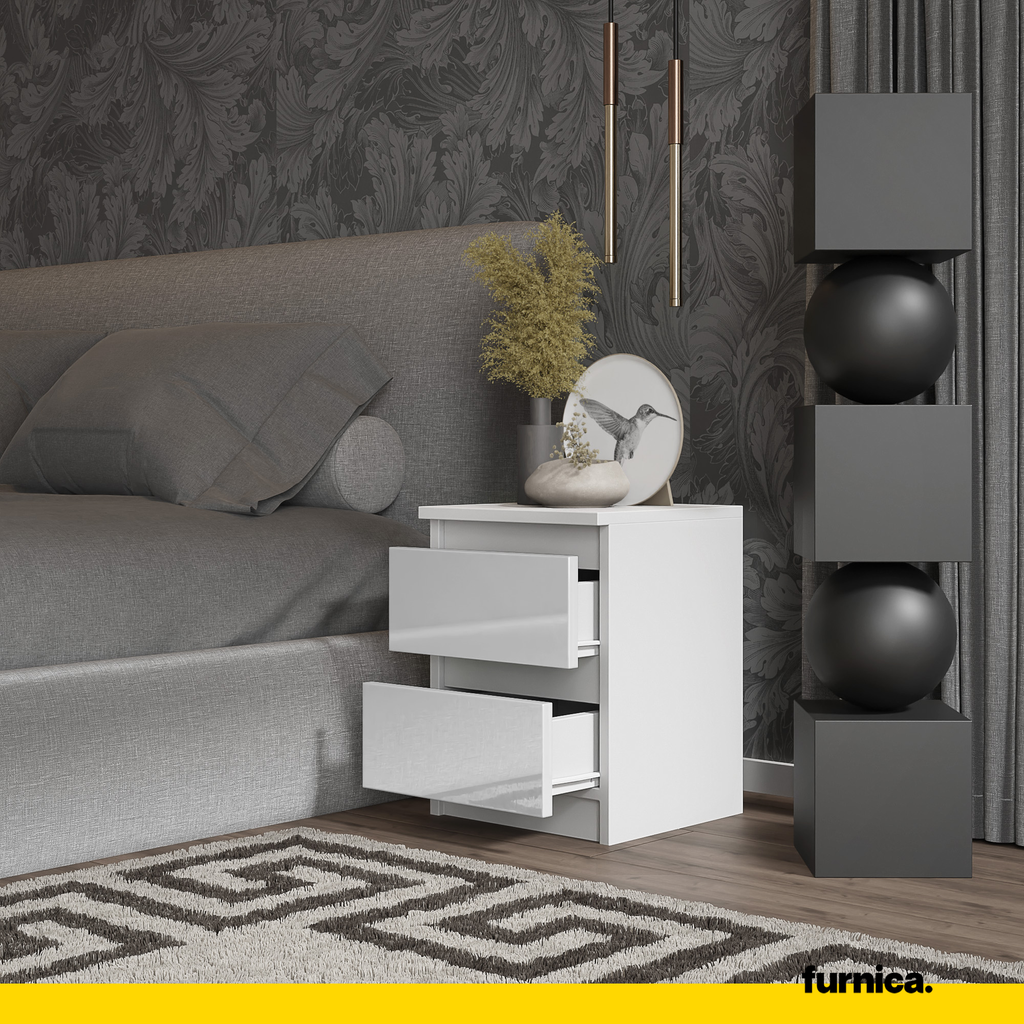 GABRIEL - Noční stolek - Stolík vedle postele s 2 zásuvkami - Bílý mat / Bílý lesk H40cm Š30cm D30cm