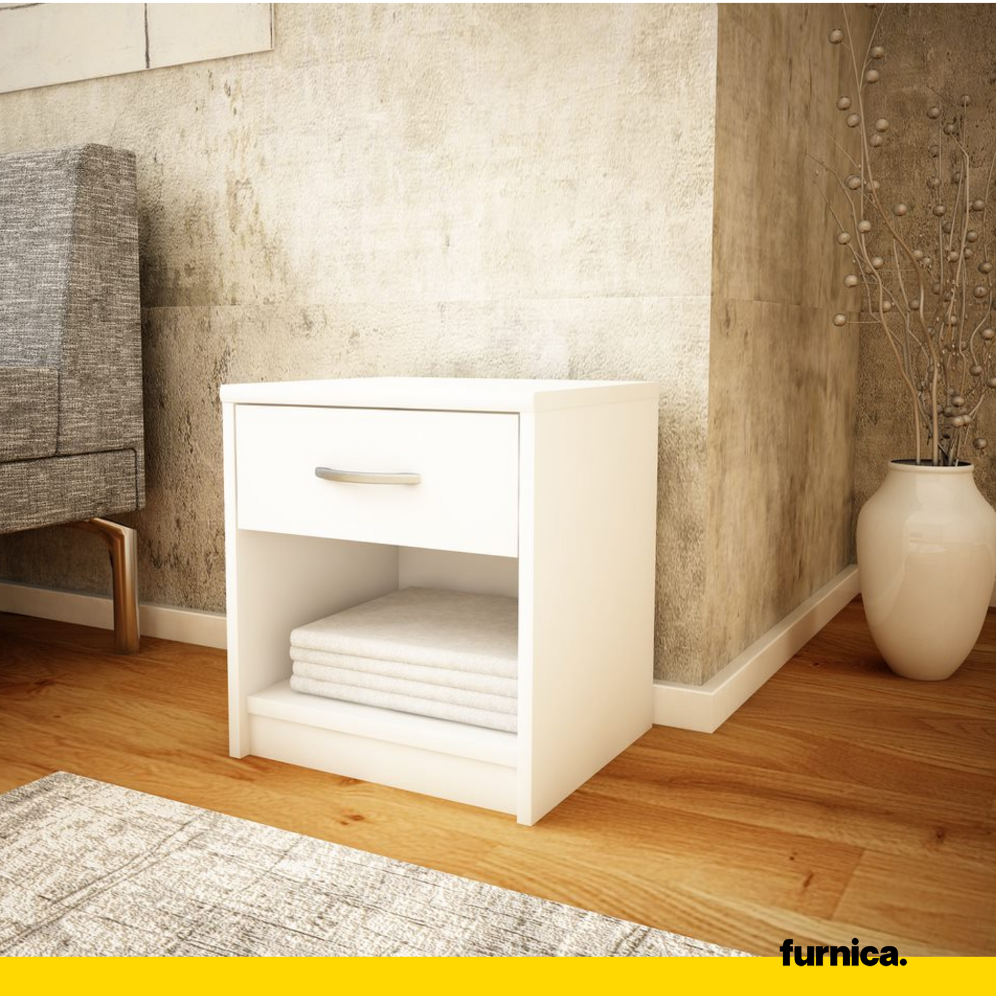 JULIA - Noční stolek - Stolík vedle postele s 1 šuplíkem - Bílý matný povrch H45cm Š39cm D35cm