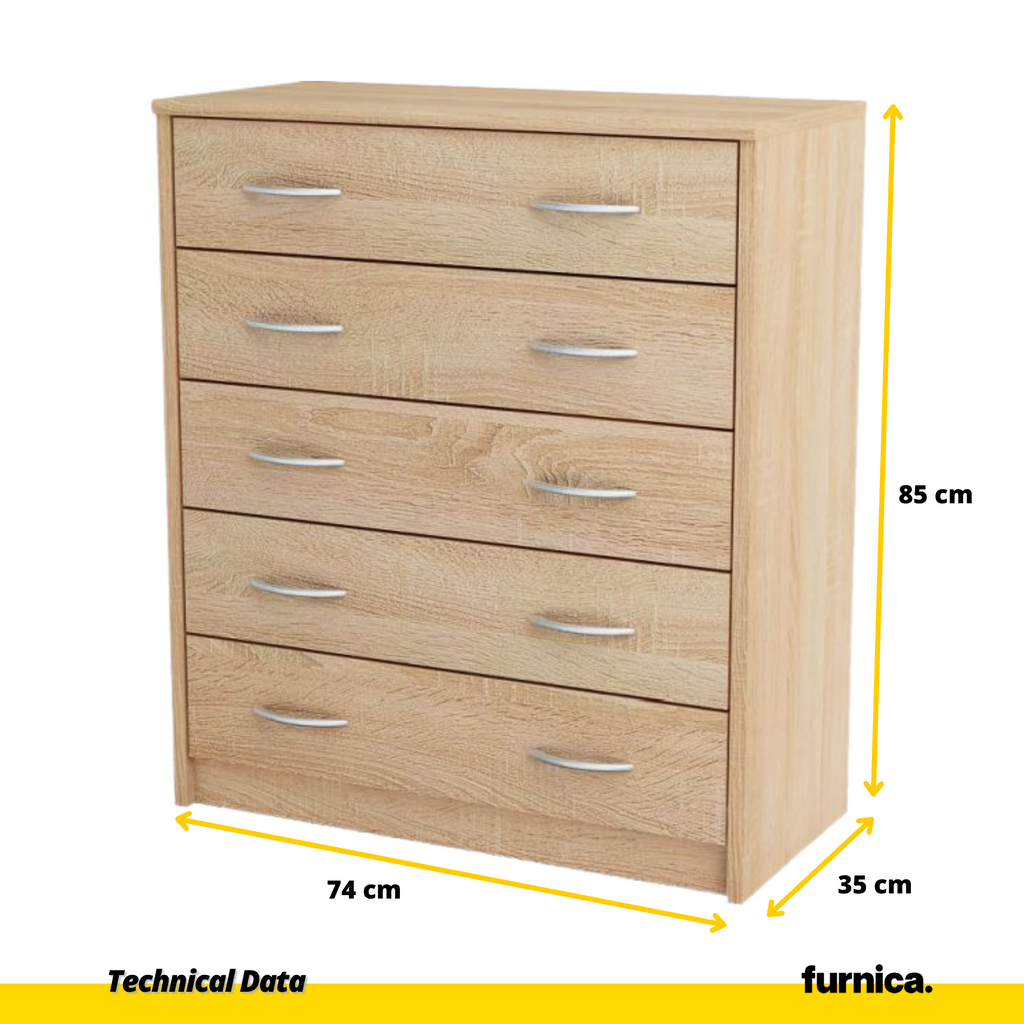 JULIA - Komoda se 5 zásuvkami - Skříň na uložení oblečení do ložnice - Sonoma dub - V85cm Š74cm H35cm