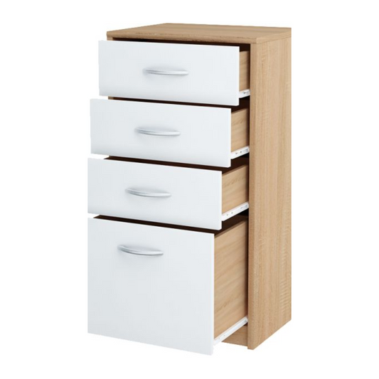JULIA - Komoda se 4 zásuvkami - Skříň na uložení oblečení do ložnice - Sonoma dub / bílý matný povrch - Výška 85 cm, šířka 45 cm, hloubka 35 cm.