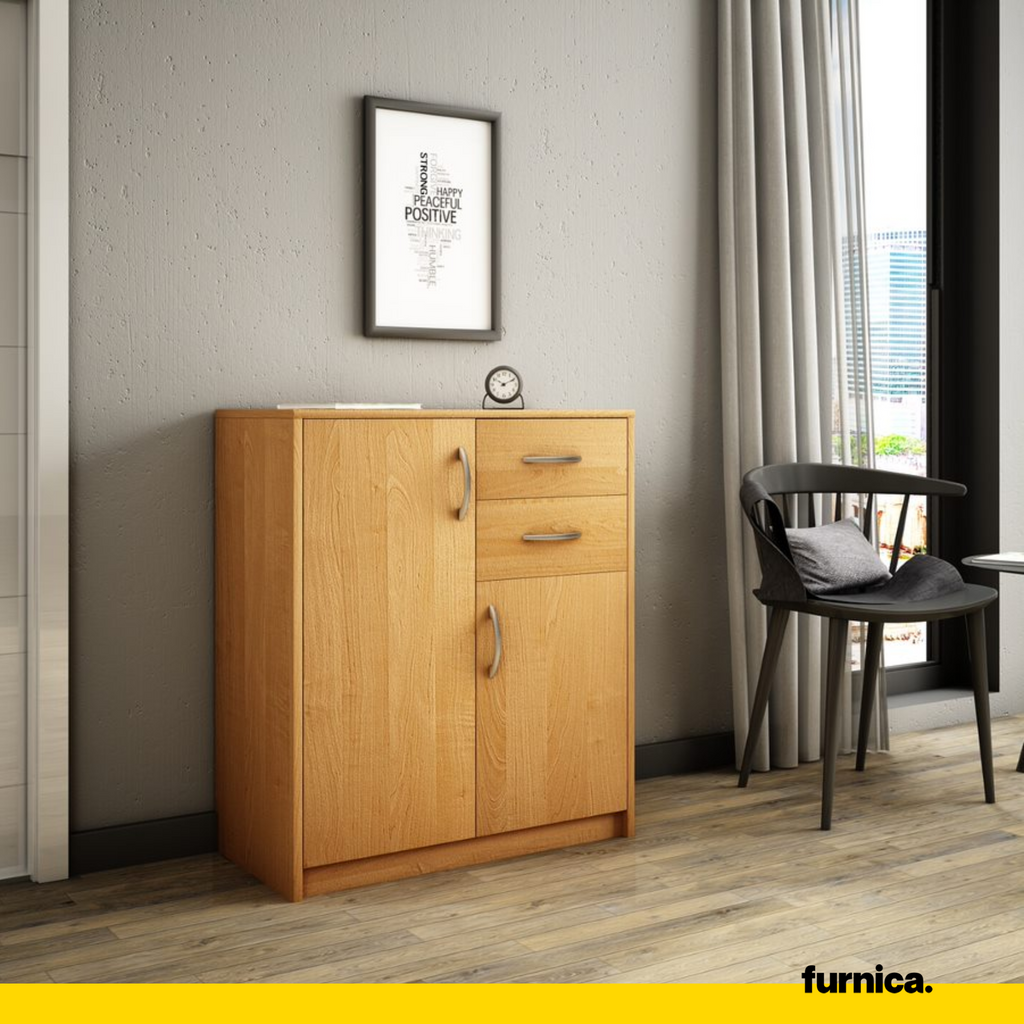 JULIA - Komoda se 2 šuplíky a 2 dveřmi - Skříň na oblečení do ložnice - Alder - V85cm Š74cm H35cm