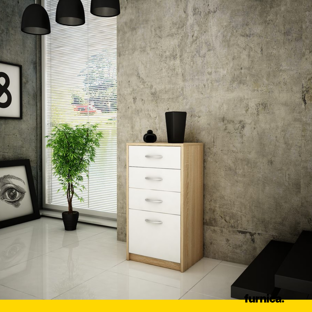 JULIA - Komoda se 4 zásuvkami - Skříň na uložení oblečení do ložnice - Sonoma dub / bílý matný povrch - Výška 85 cm, šířka 45 cm, hloubka 35 cm.