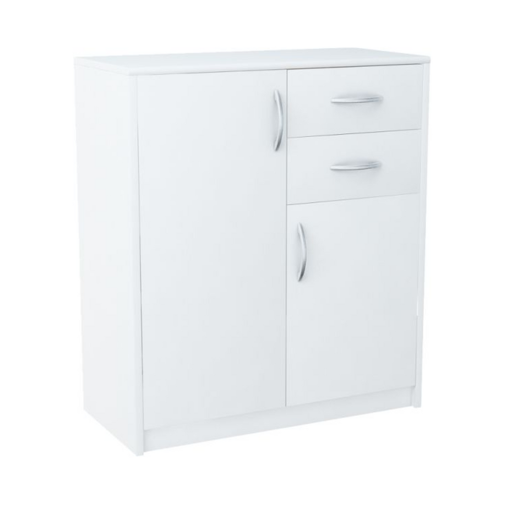 JULIA - Komoda se 2 šuplíky a 2 dveřmi - Skříň na oblečení do ložnice - Bílá matná - Výška 85 cm, šířka 74 cm, hloubka 35 cm.