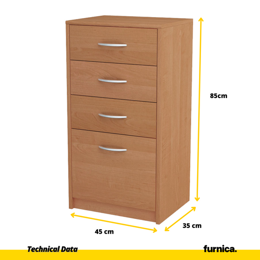 JULIA - Komoda se 4 zásuvkami - Skříň na uložení oblečení do ložnice - Jídelní skříň - Olše - V: 85 cm, Š: 45 cm, H: 35 cm