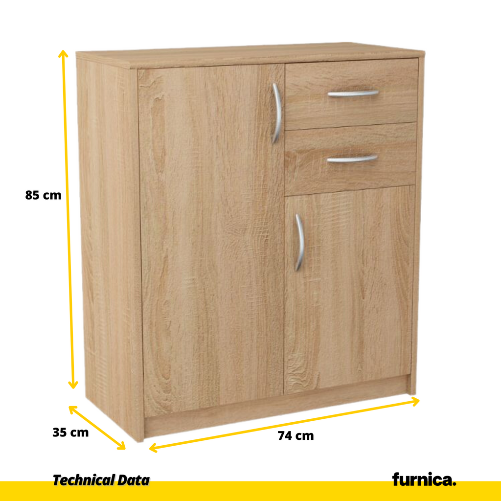 JULIA - Komoda se 2 šuplíky a 2 dveřmi - Skříň na oblečení do ložnice - Sonoma dub - Výška 85 cm, šířka 74 cm, hloubka 35 cm.