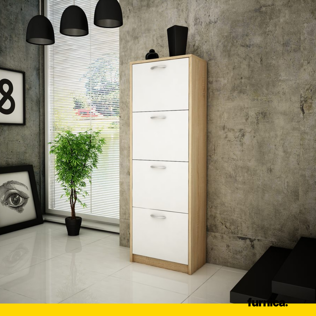 JULIA - Botník na boty - 4 patra úložného prostoru - Sonoma dub / bílý matný - Výška 152 cm, šířka 50 cm, hloubka 28 cm.