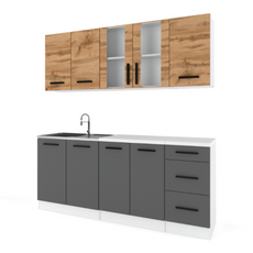 GONZO - Kuchyňská sestava - Anthracite / Wotan Oak s pracovní deskou - 6 jednotek - 200 cm