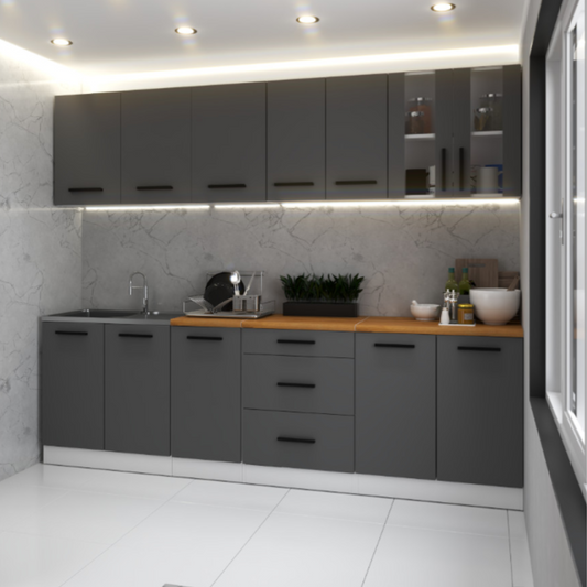RENO - Kuchyňská sestava - Antracit / Antracit s pracovní deskou - 8 jednotek - 260 cm