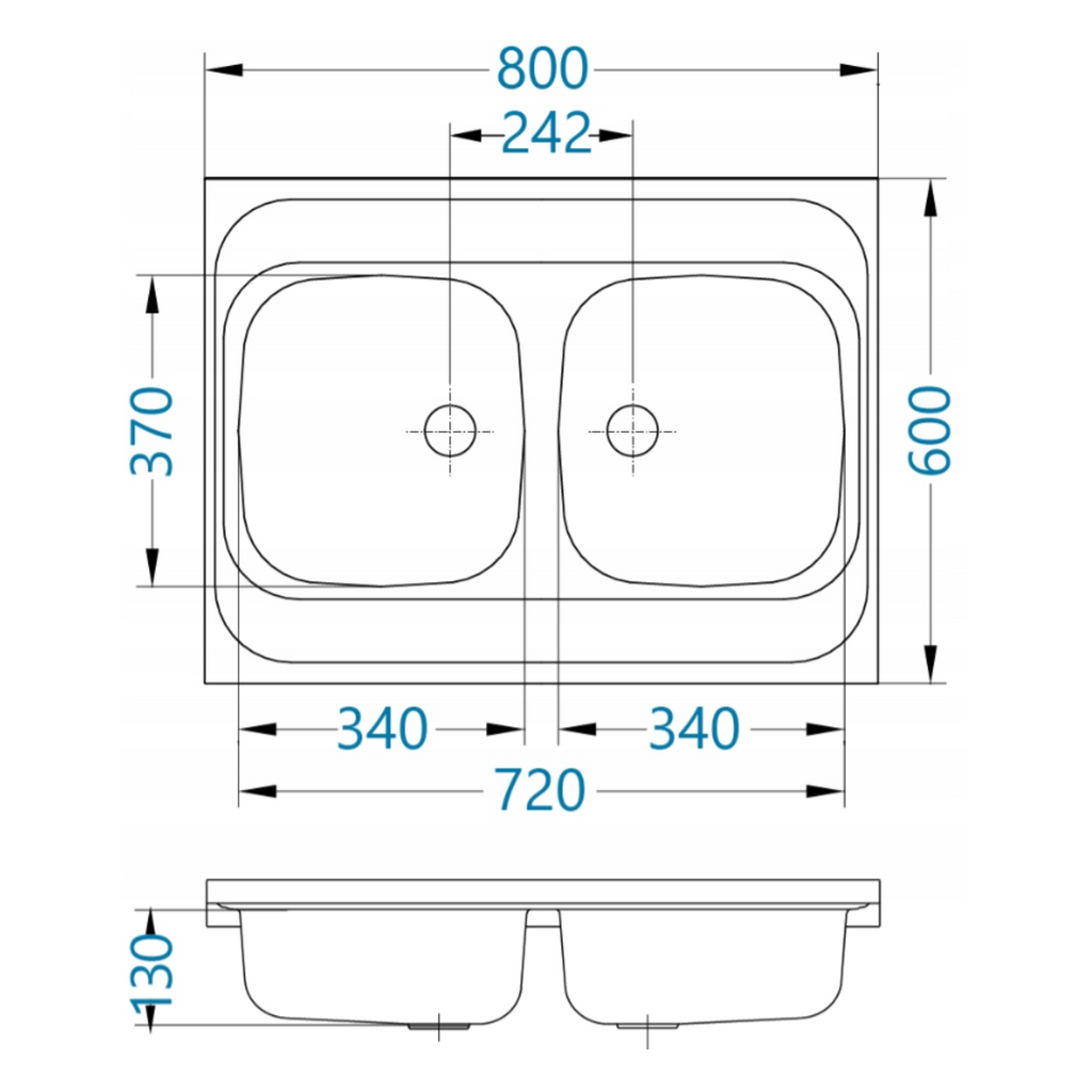 Dvojitá kuchyňská dřezová miska nerezová o šířce 80 cm.