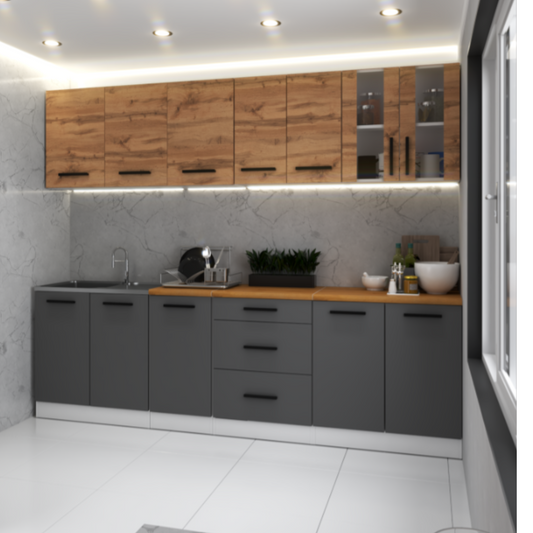 RENO - Kuchyňská sestava - Anthracite / Wotan Oak s pracovní deskou - 8 jednotek - 260 cm